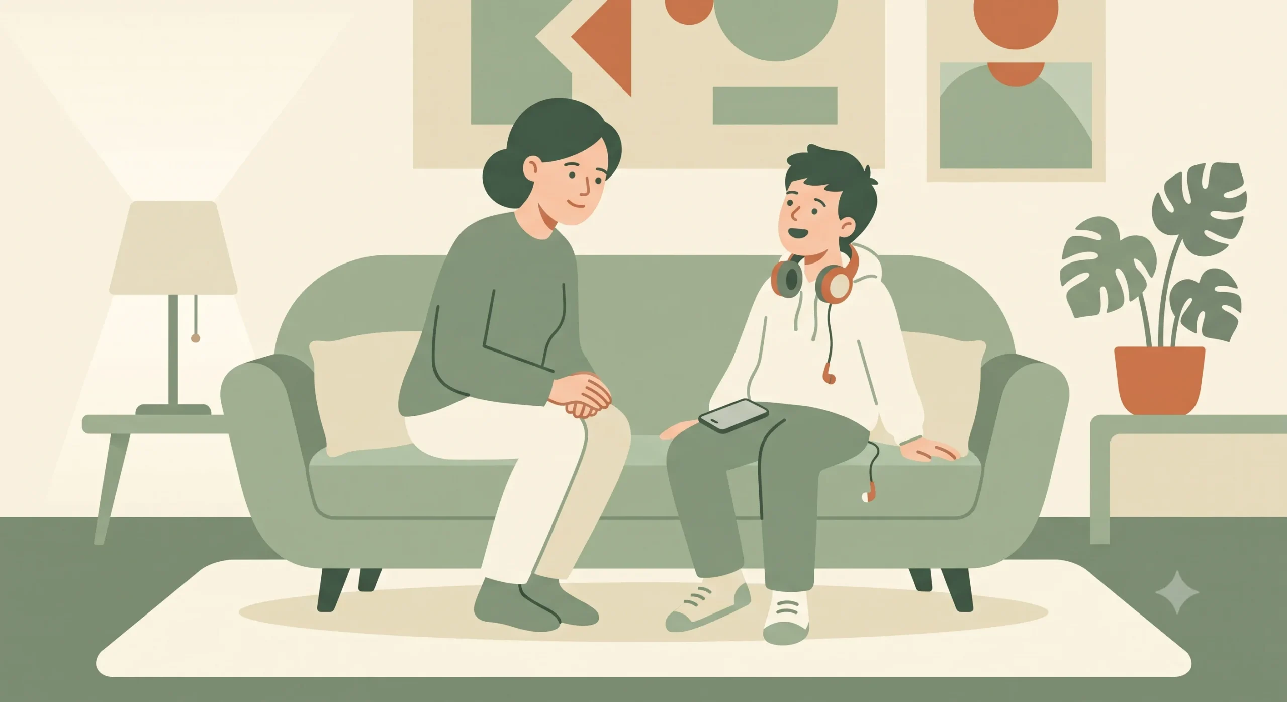 Sostegno psicologico per adolescenti e famiglie: genitore e figlio adolescente in dialogo sul divano