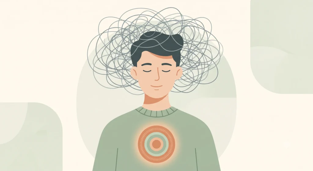 Persona con la testa piena di pensieri confusi, emozioni, e un segnale calmo e luminoso al centro del petto