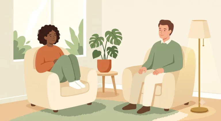 Persona in un percorso di sostegno psicologico individuale, seduta in poltrona di fronte al terapeuta in un ambiente accogliente