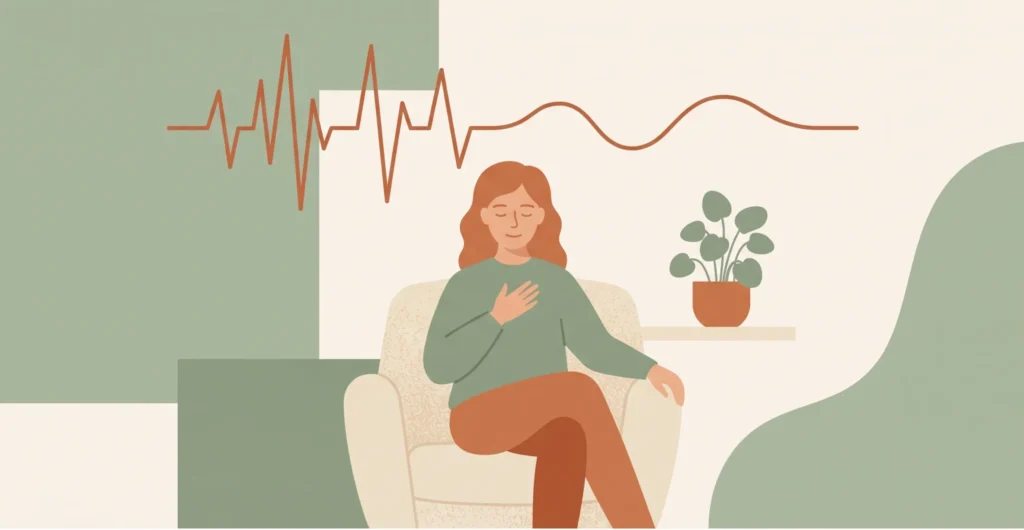 Donna seduta che respira con calma, una mano sul petto: il battito accelerato di ansia e attacchi di panico che si trasforma in un'onda calma
