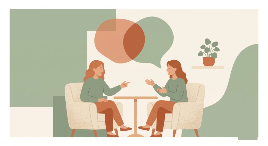 Due persone in un dialogo animato durante una crisi di coppia, con due forme sovrapposte a simboleggiare punti di vista diversi che si incontrano